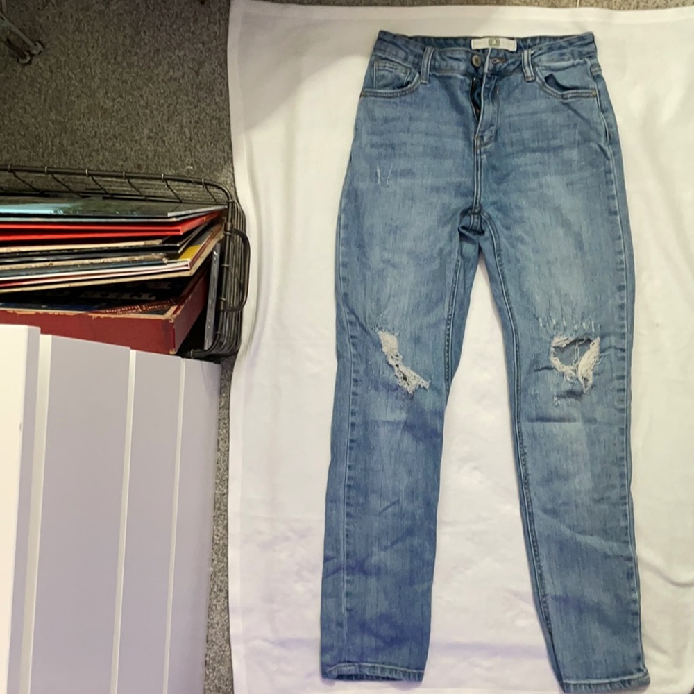medium wash straight leg Papaya jeans with knee rips